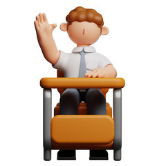 A cartoon character of a student sitting at a desk with their hand raised.