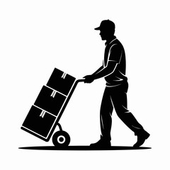 Silhouette of a delivery person pushing a hand truck with boxes
