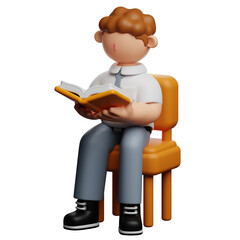 3D render of a cartoon boy with curly brown hair sitting on an orange chair and reading an open book with an orange cover.