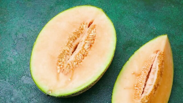 Sweet melon slices displayed on a textured dark surface