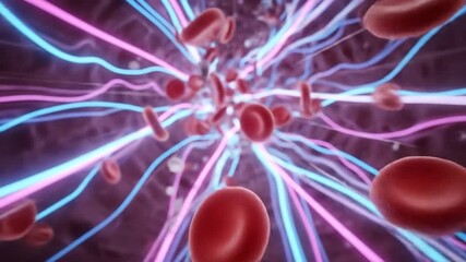 3D Neon Microvascular Tunnel with Red Blood Cells Flowing Through Capillaries. - Powered by Adobe
