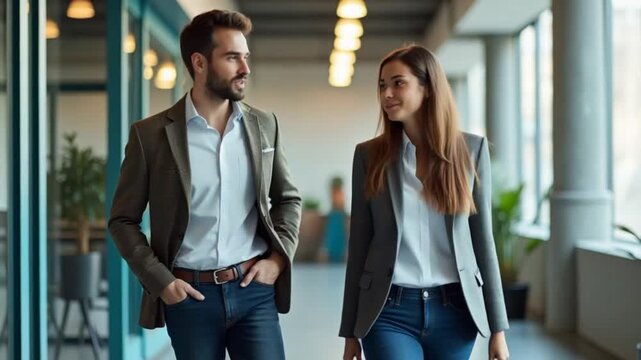 In the dynamic environment of a modern startup company, the director engages in a discussion with his young business colleague while they walk, reflecting the spirit of collaboration and innovation in