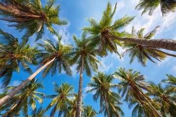 A stunning view of swaying palm trees reaching towards a clear blue sky creating a serene and inviting atmosphere