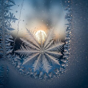 Intricate frost patterns forming a snowflake shape on a window pane with the sun visible