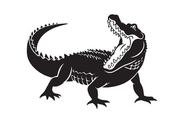 Black and white illustration of a fierce alligator roaring