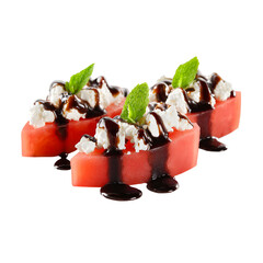 Refreshing Watermelon Dessert with Cream Cheese and Chocolate Syrup on Black Backdrop