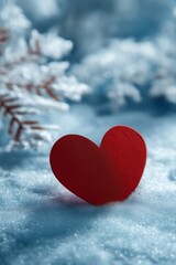 Fototapeta premium Red heart in snowy winter landscape with frosty branches and blue background