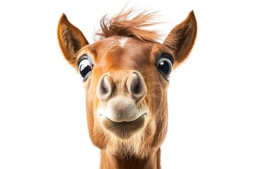 Obraz premium Goofy shocked horse clucking on white