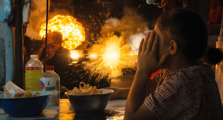 Child Witnessing a Fiery Street Food Preparation