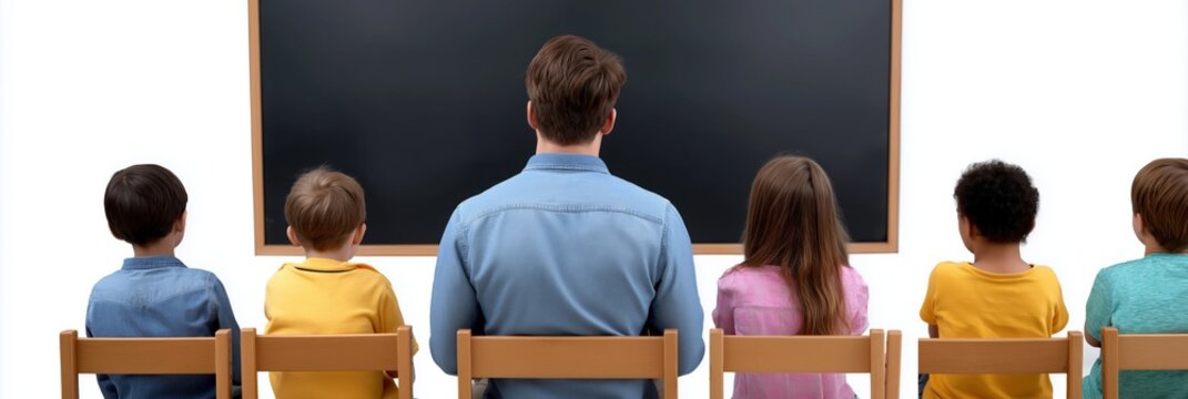 Rear view of teacher and diverse children facing blackboard in classroom