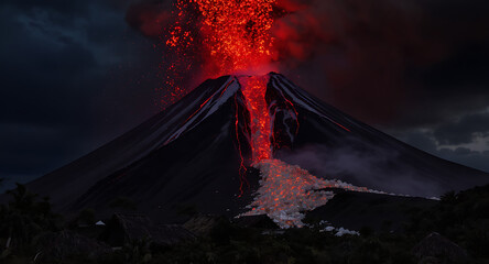 Spectacular Night Volcanic Eruption with Bright Red Lava Flow and Dark Sky