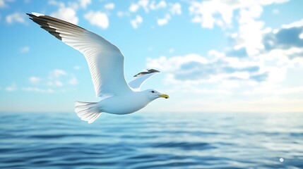 Fototapeta premium Scenic coastal horizon with bird soaring above calm waters high resolution picture