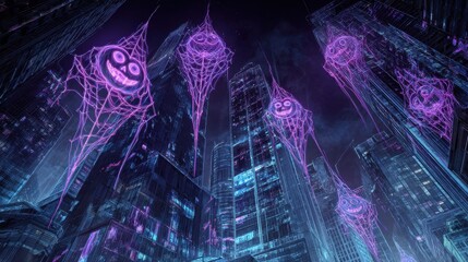 Digital painting of neon jack-o-lantern drones projecting holographic lights over a cyberpunk city.