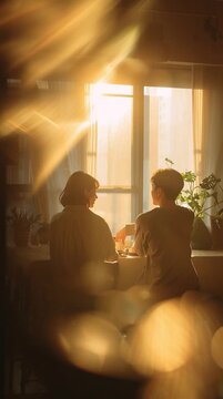 Chinese Man and Woman Sitting Together at Home with Warm Lighting