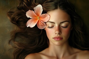 Naklejka premium Woman with long brown hair and flower