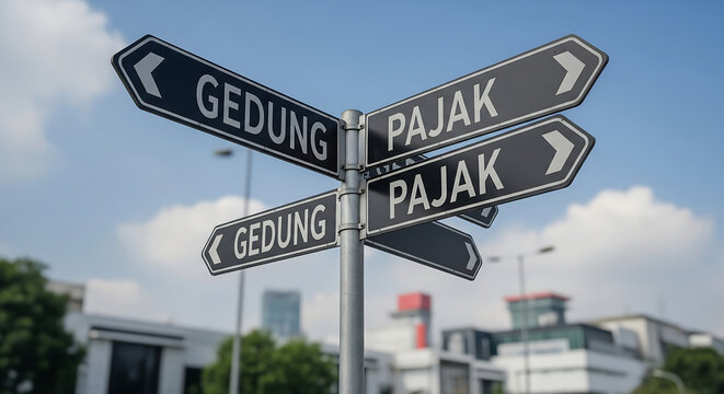 Urban Crossroads Signpost Directing Towards 'Gedung' (Building) and 'Pajak' (Tax), Symbolizing Business, Bureaucracy, and Important Decisions in Ci...