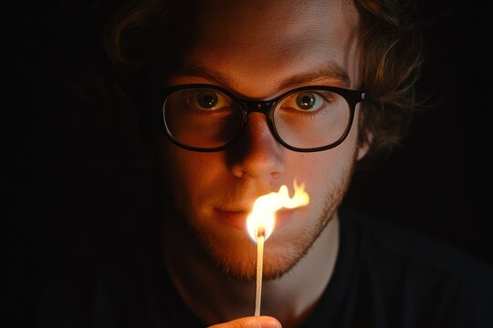 Hand holding burning matchstick close-up
