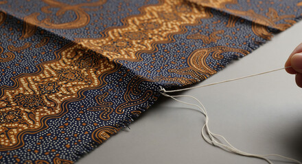 Fingers delicately pulling a loose white thread from a piece of ornate blue and gold patterned fabric, highlighting textile detail and potential un...