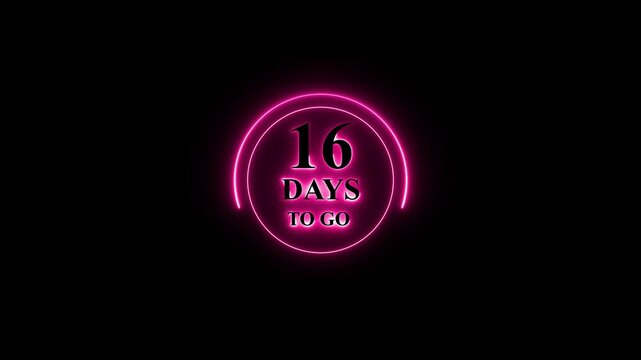 Glowing neon 16 days to go timer icon, 16 To go sign, Count time sale. 16 Days To Go Countdown. business, sale, label button ,promotion neon signs business concept isolated on black background.
