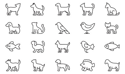 Outline Pet Icons – Dogs, Cats, Birds, Fish, Rabbits, and Domestic Animal Companions for Animal Lovers and Veterinary Design Projects
