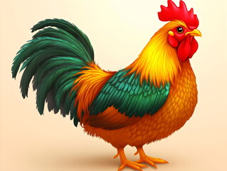 Fototapeta premium Colorful cartoon rooster struts confidently across a sunny farmyard filled with vibrant crops and cheerful surroundings