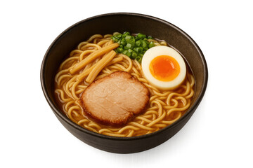 Steaming bowl of ramen noodles with pork, egg, and green onions on transparent background