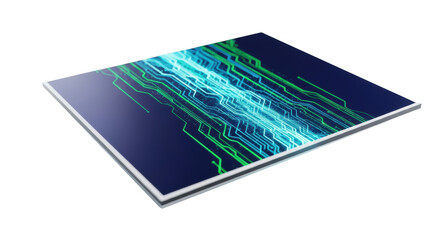 Sleek, ultra-thin, frameless holographic display showing electric green data streams and cyan circuit patterns on navy, centered on transparent background with copy space, studio light. Cutting-edge