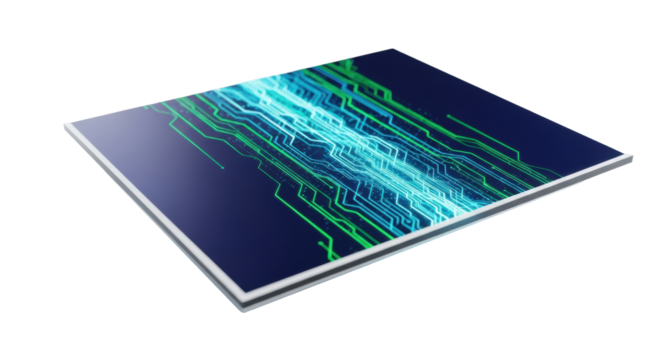 Sleek, ultra-thin, frameless holographic display showing electric green data streams and cyan circuit patterns on navy, centered on transparent background with copy space, studio light. Cutting-edge