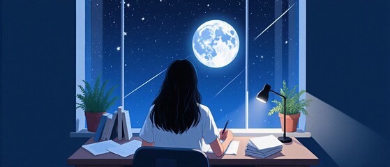 anime girl lofi: gazing through the window at the night sky's serene beauty | lofi streaming, background music, anime art, night sky, relaxation theme