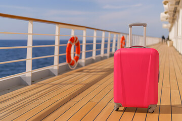 Pink Suitcase on Cruise Ship Deck with Ocean View, Stylish Travel Luggage for Vacation and Adventure Journey