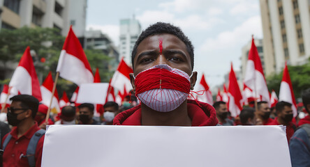 Activist in red and white mask holds blank sign at a protest rally amidst a crowd with flags.
