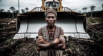 Indigenous Elder Stands Defiant Against Bulldozer in Cleared Forest, Symbolizing Environmental Conflict and Cultural Resistance