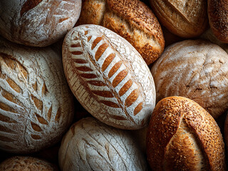 several loaves of freshly baked delicious wheat bread. golden crispy crust with a ruzor on the dough of flour. grocery, sale, shop, store gastronomy
