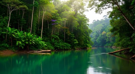 Fototapeta premium A tranquil river flows through a lush green jungle, reflecting the surrounding trees