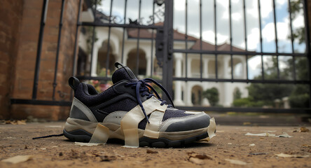 Modern athletic shoe on dusty ground with ornate gate and elegant mansion in background, urban style