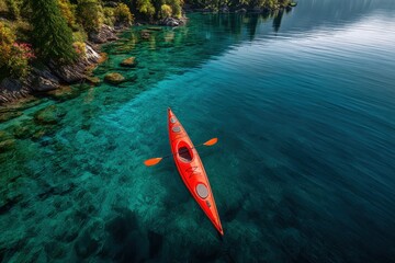 Fototapeta premium Bright orange kayak gliding over crystal-clear waters in a tranquil lakeside landscape surrounded by lush greenery