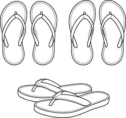 Flip flops cad drawing flat vector illustration, summer footwear line art, beach sandal technical sketch, casual shoe design outline, black white graphic