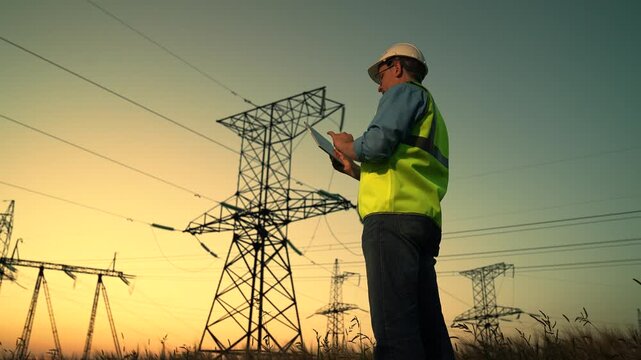 Power engineer in protective white helmet checks power line online using tablet computer, remote access to power grid, for control and safety. Power station. High voltage power lines at sunset.