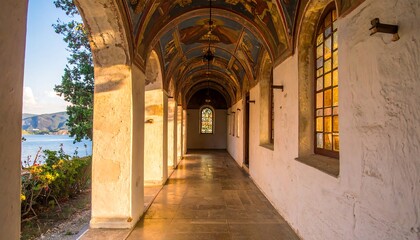 Fototapeta premium Ancient cloister walkway overlooking water