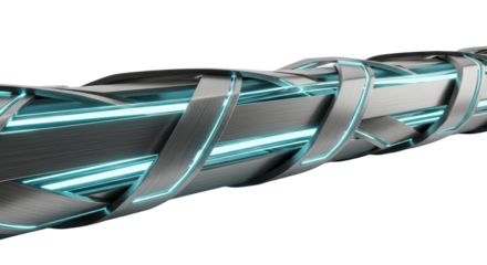 Minimalist horizontal border, interwoven dark grey brushed steel, sharp angles, glowing cyan light conduits, transparent background, copy space, studio lit, modern high-tech concept