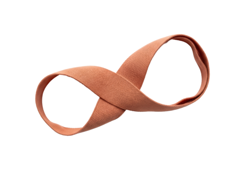 A pristine, high-quality linen ribbon in muted terracotta, loosely folded into an organic loop, on a seamless transparent background with copy space. Concept of natural product minimalism