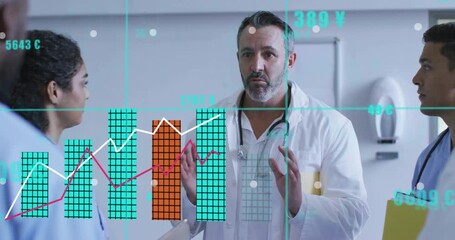 White-coated doctor speaking in hospital and starting animated charts reviewing patient data trends - Powered by Adobe