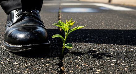 Vibrant Green Plant Sprouts from Asphalt Crack, Symbolizing Resilience and Nature's Persistence Against Urban Elements