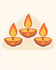 A PNG sticker of three tiny diya lamps placed in a row, glowing with golden flames, designed in a whimsical minimal style with flat pastel tones, clean bold outlines, and a white border for a festive 