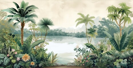 Serene tropical landscape with lush vegetation.