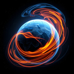swirling abstract globe with fiery orange and cool blue energy tendrils spiraling across a starry black void, pulsating with futuristic digital vibes and cosmic elegance.