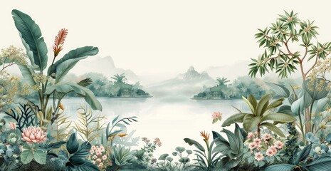 Obraz premium Serene lakeside view with lush botanical foreground