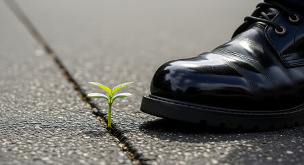 Tiny green sprout pushing through cracked asphalt, facing the imminent threat of a large black shoe, symbolizing resilience, growth, and survival a...