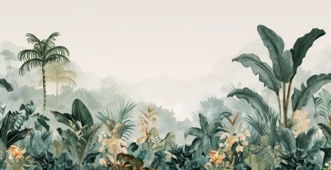 Fototapeta premium Lush tropical foliage in a misty jungle setting.
