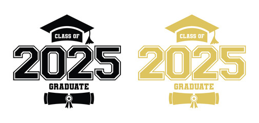 Class of 2025 graduate celebration with graduation caps and diplomas in black and gold designs
